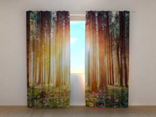Cortina 3D impresa con puesta de sol mágica en el bosque de Wellmira hecha a medida - Imagen 1 de 7