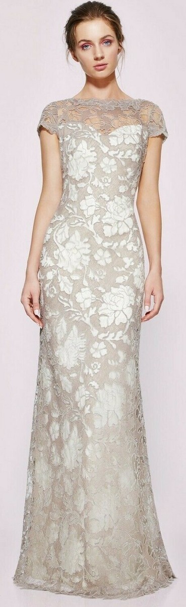 Tadashi Shoji Jacky Illusion Embroidered Lace Pumice Latte Dress