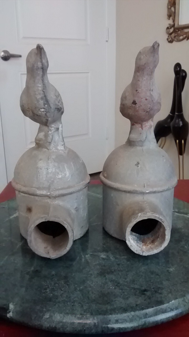 SUPER RARE! (x2) Vtg 30s/40s Finial BIRDS Metal Chain Link Fence Post