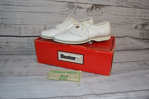 Vintage Dexter Wing Tip Kiltie Mens Sz 9 M White Leather Steel Spikes Shoes USA - Picture 2 of 12