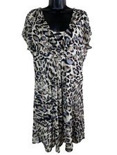 Relativity Dress Women Size L Short Sleeve Leopard Print Sheer Lined Stretch