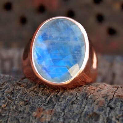 Solid 925 Sterling Silver Natural Blue Rainbow Moonstone Cut Gemstone Men's Ring