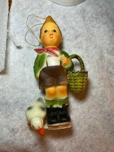 Adorable Boy Duck Ornament gold string figurine Vtg Collector basket scarf goose - Picture 7 of 8