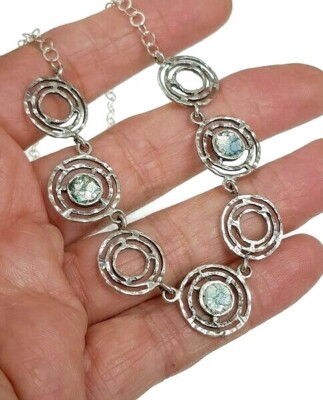 Roman Glass 925 Silver Necklace Ancient Fragment Roman Glass 200BC Bluish Patina