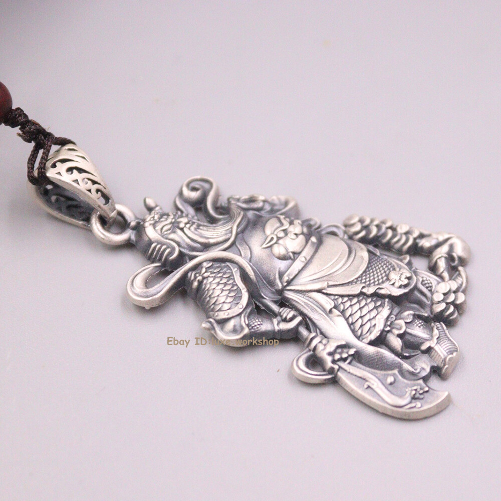 999 Pure Silver Vintage Guanyu Luck Pendant for Women & Men 2 Inch