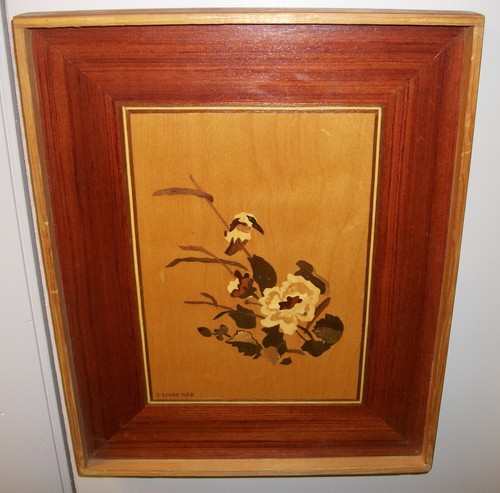 Marquetry by Oscar Schreiner, Kingfisher Bird & Flower, wood inlay 13.25"x10.75"