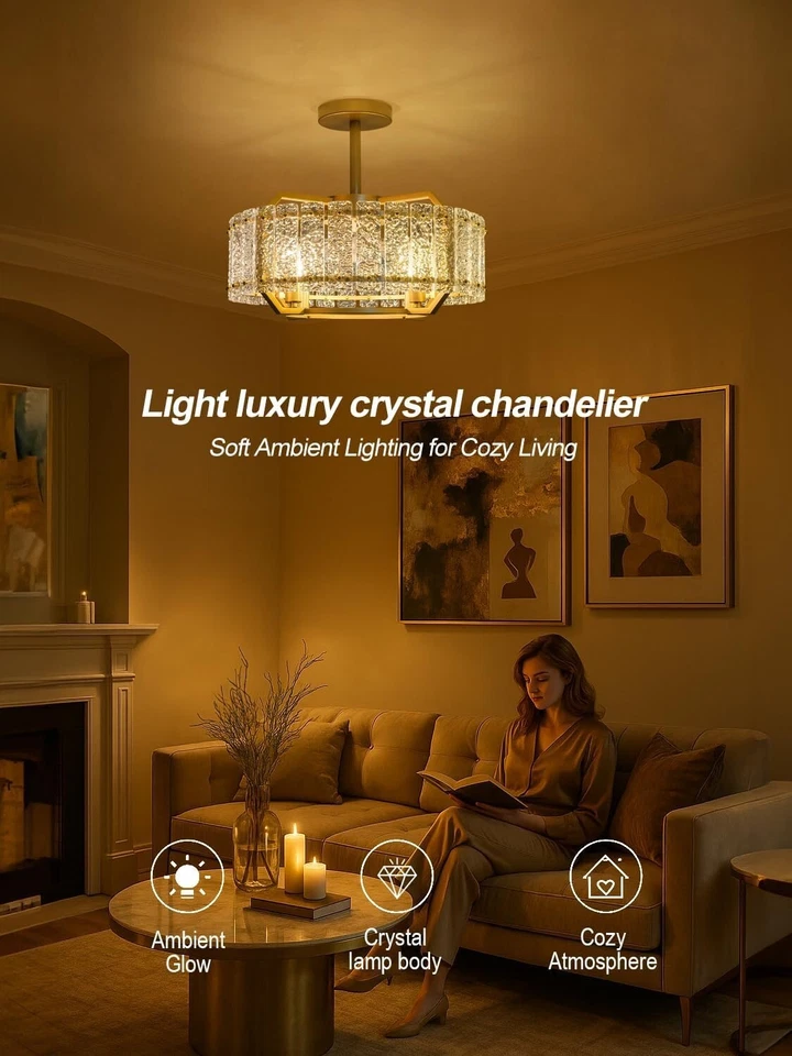 Beiduna - Ventilador de techo con araña de cristal dorado de 20" Foto 2 de 4