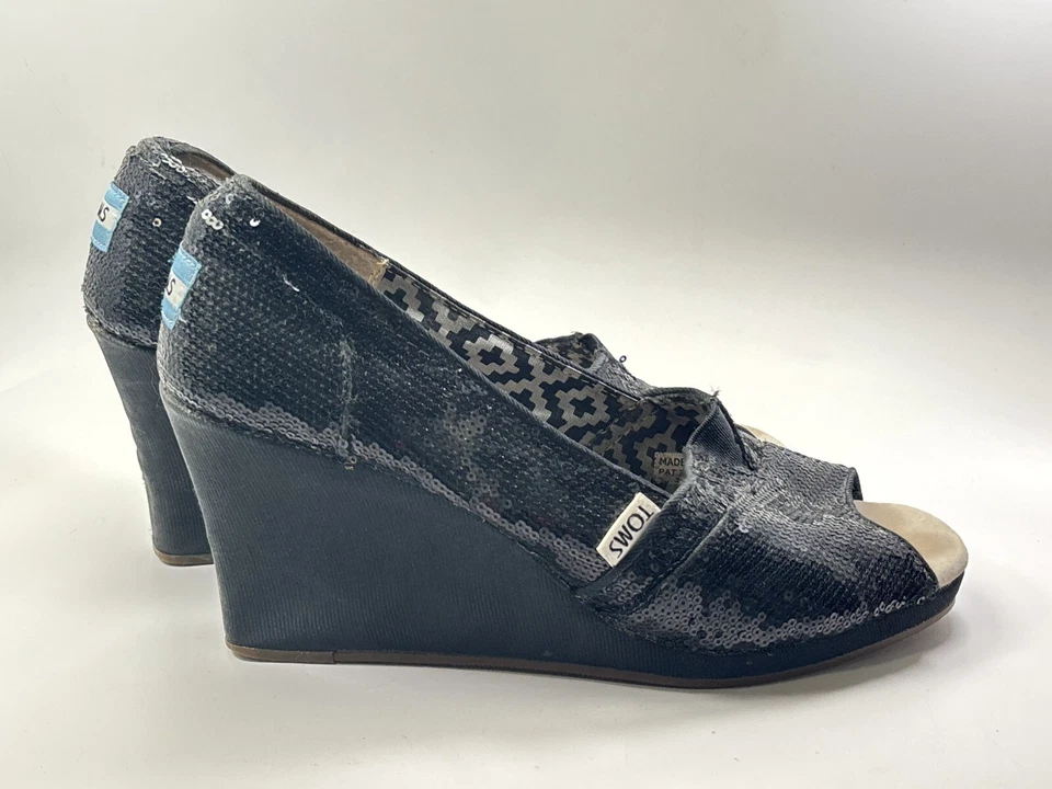 Zapatos Toms Mujer Talla 9 Negro Lentejuelas Punta Abierta Brillante Cuña Lona Tacones Verano Foto 2 de 4