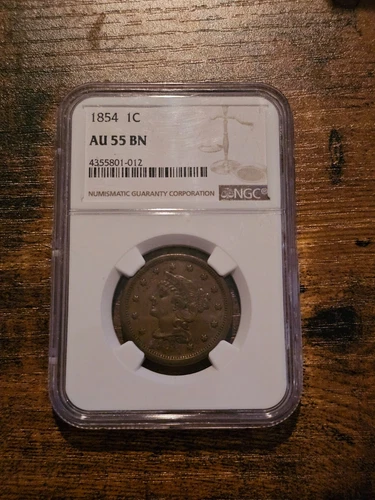 1854 BRAIDED HAIR LARGE CENT ✪ NGC AU-55 ✪ 1C ALMOST UNC COIN 012
