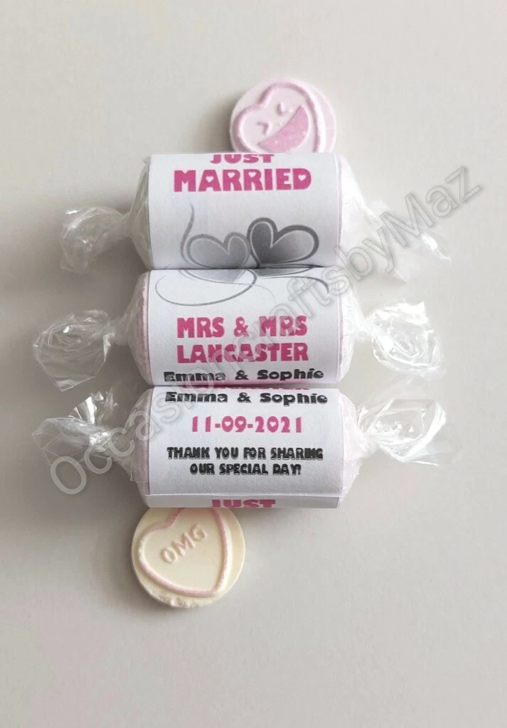 100 Personalised Pink MINI Love Hearts Sweets - JUST Married MR And MRS