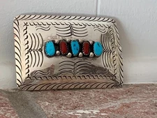 Vintage Signed   D.C. Thomas Navajo Sterling Turquoise & Coral Belt Buckle