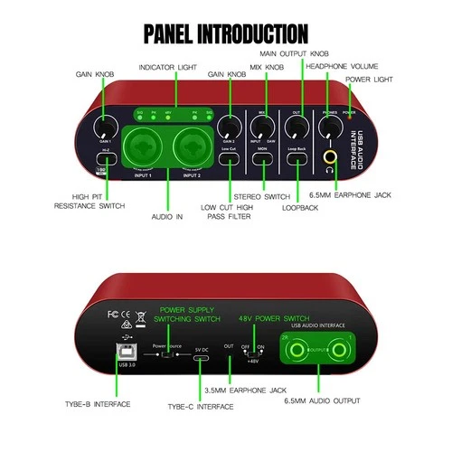 Portable USB Audio Interface 24bit with Loopback for Guitar Recording Studio