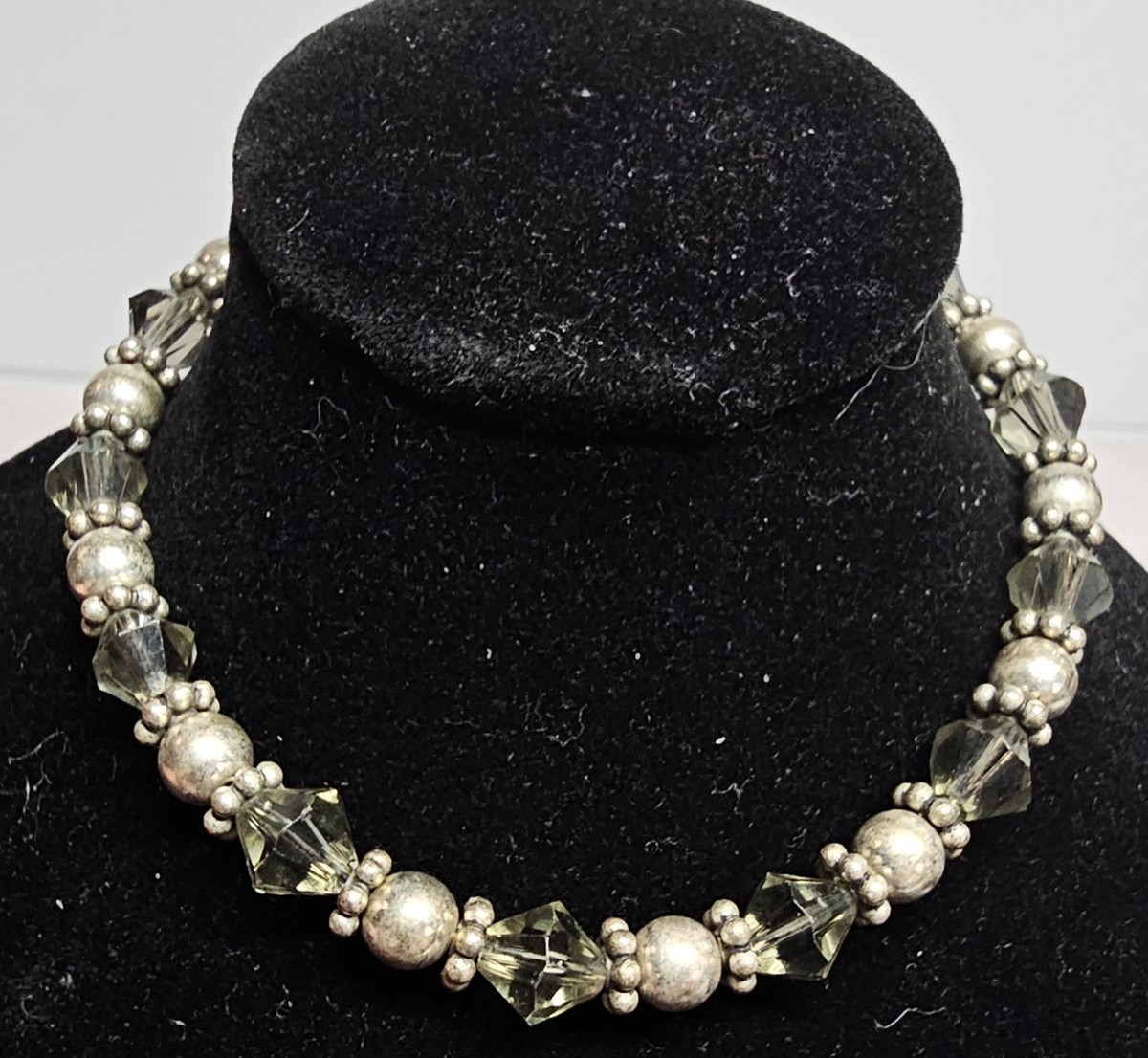 Sterling Silver Artisan Bracelet Smoky Gray Crystal Glass Beads Handmade 7"