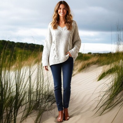 New Primark Fisherman Cable Knit Sweater Sz M Cozy Beige Coastal Chunky V Neck