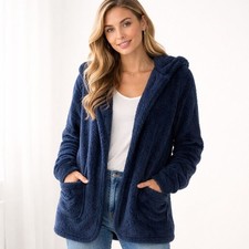NWT Eddie Bauer Blue Fireside Plush Open Hooded Cardigan Loose Fit Womens size L