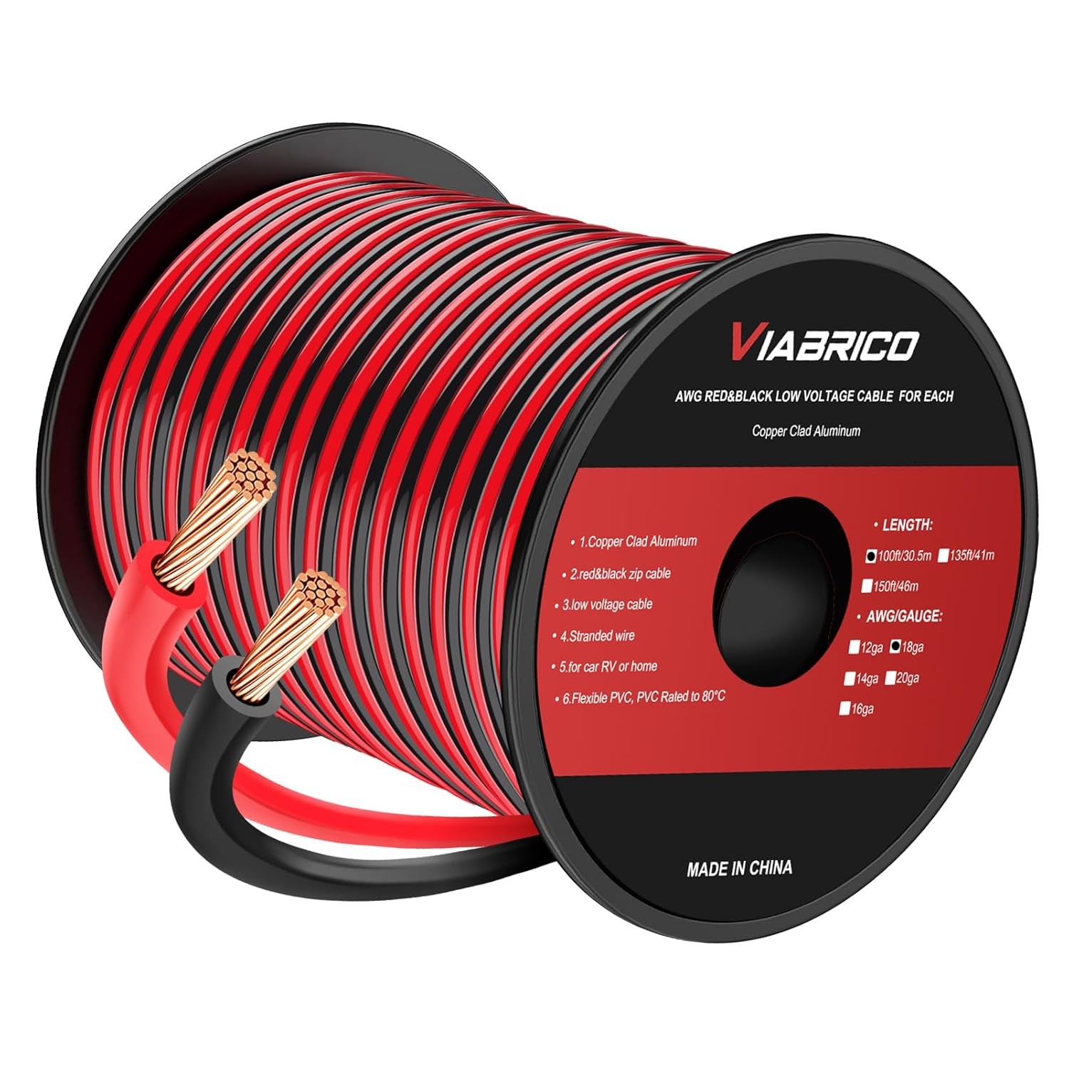 VIABRICO 100FT 18 AWG Gauge Electrical Wire, DC 12V Hookup Red 18AWG-100FT