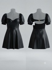 Forever 21 Faux Leather Mini Dress Black Puff Short Sleeve Open Back XL