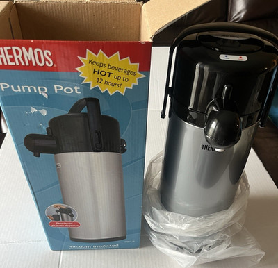 Thermos Vacuum Insulated Pump Pot Silver Black 2 Qt 1.9 L Keeps Hot 12h Cold 24h