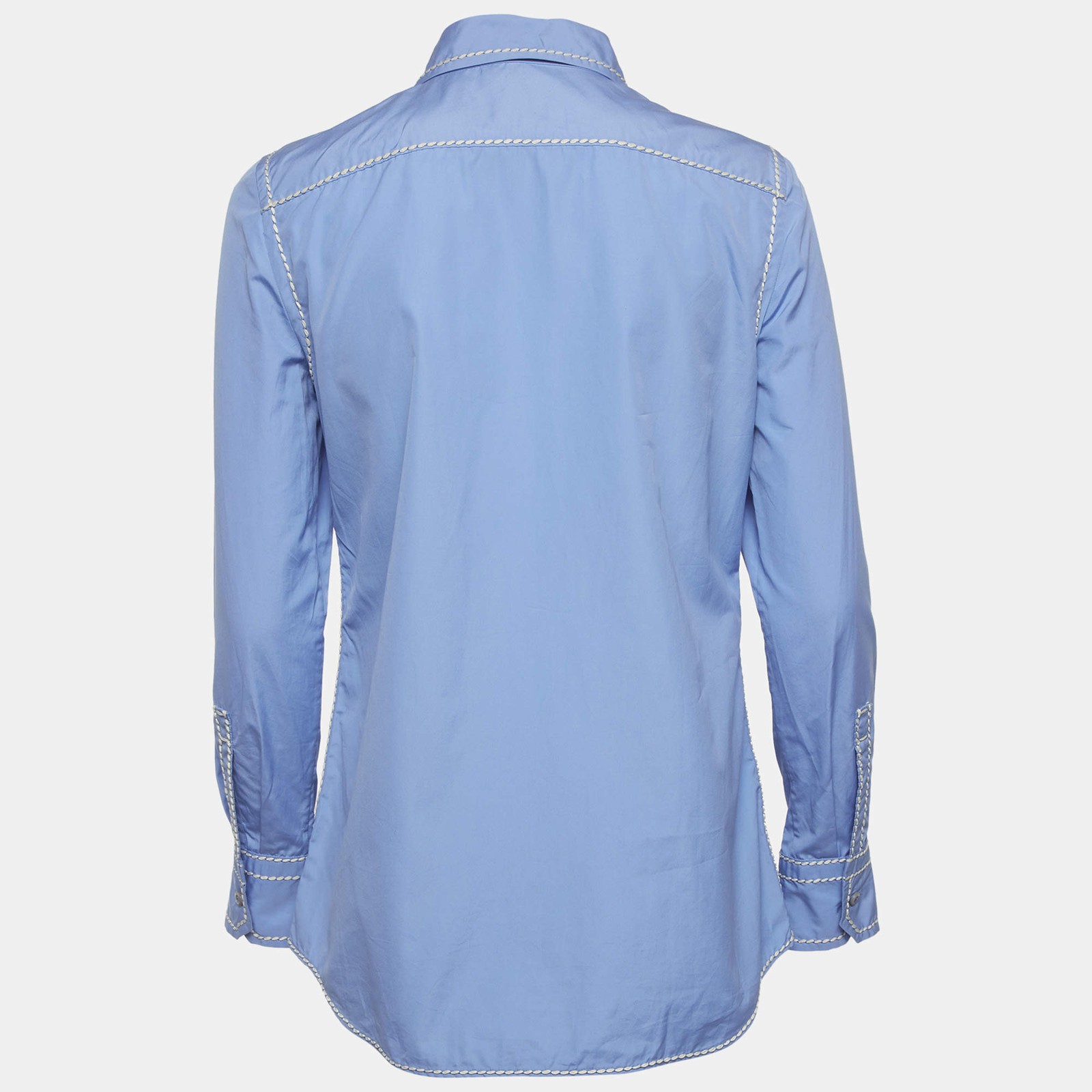 Prada Blue Cotton Contrast Embroidered Long Sleeve Shirt M thumbnail 2