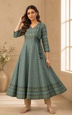Women Ethnic motifs Green Gold toned ethnic Printed A-line Kurta. Anarkali