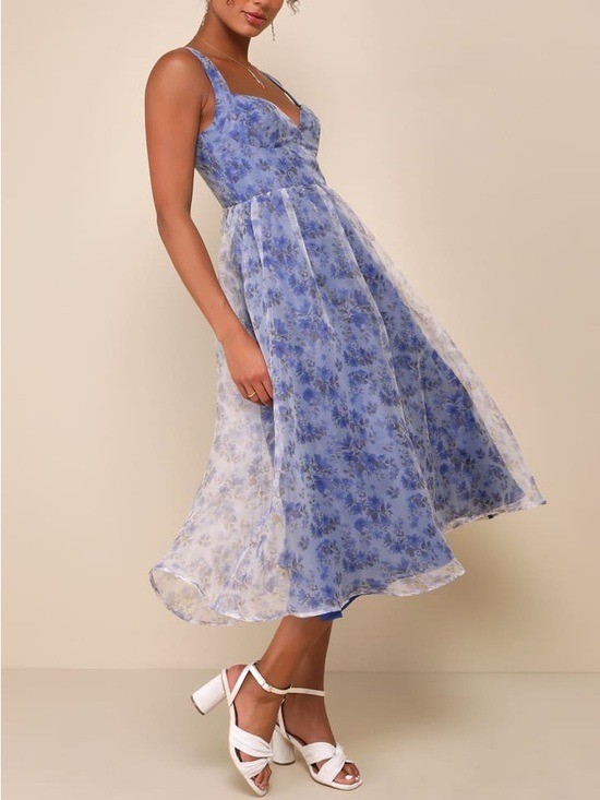 Lulus Delightful Impulse Blue Floral Organza Bustier Midi Dress Size S View 3