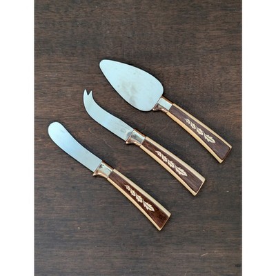 Vintage Regent Sheffield England 3 Piece Cheese Knife Set - Faux Wood - 60s-70s