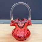 Vintage Fenton Cranberry Pink Coin Dot Basket Applied Clear Twisted Rope Handle