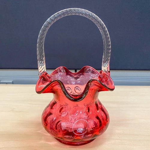 Vintage Fenton Cranberry Pink Coin Dot Basket Applied Clear Twisted Rope Handle