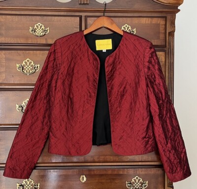 FLORES & FLORES sz 12 BLAZER jacket top SILK textured red jacket long slv lined