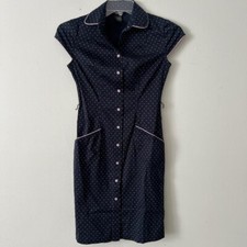 Vintage Express Navy blue polka dot dress with pink piping and button details