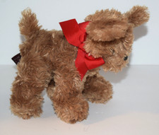 Bearington Collection Plush Tan Fluffy Puppy Dog w/ Red Bow Doodle 