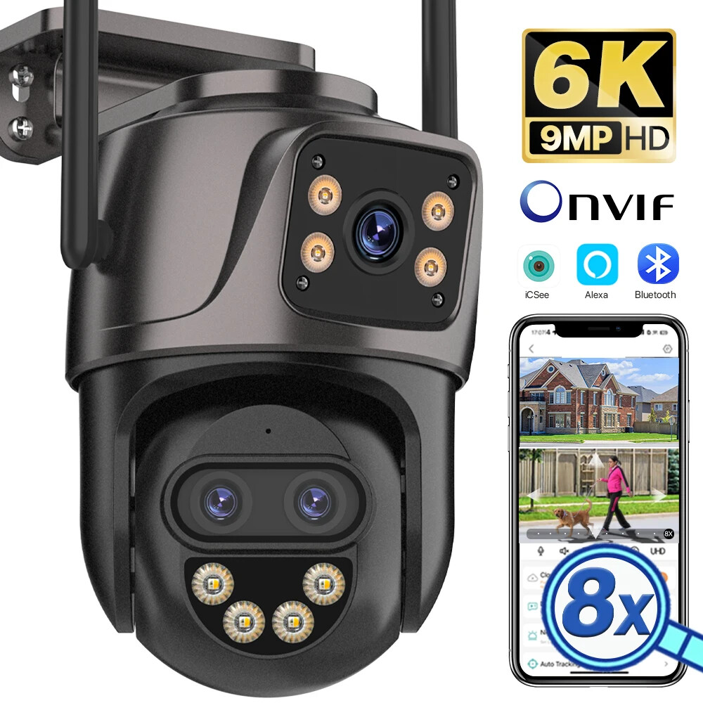 6K 9MP HD Three-Lens WiFi Camera Dual Screen Security Auto Tracking Surveillance