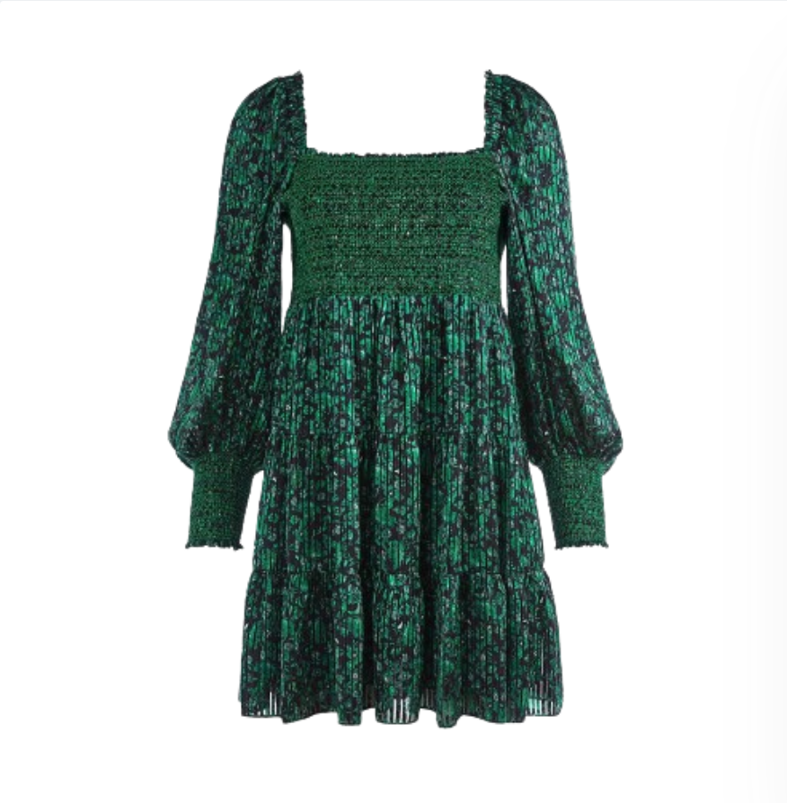 green emerald velvet dress ADELIA smocked dress in Leaf Green – Elegantees main image 0