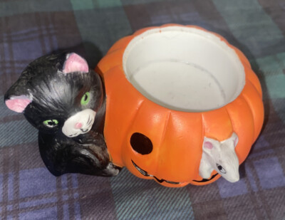 Vintage Enesco black cat pumpkin Halloween candle holder jackolantern 1988