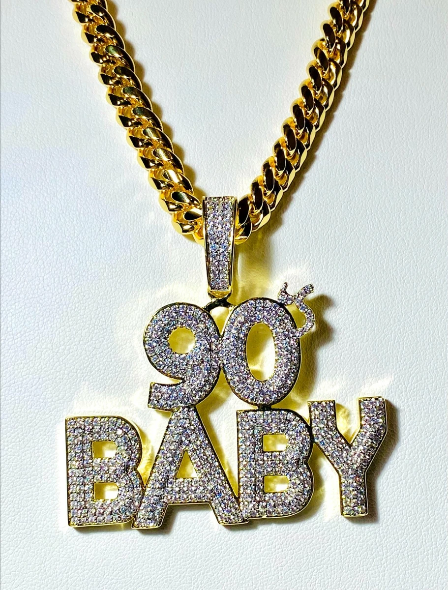 Men s Iced 8mm Miami Cuban Chain 14k 90 s Baby 1990 Decade Gold Ice out Pendant