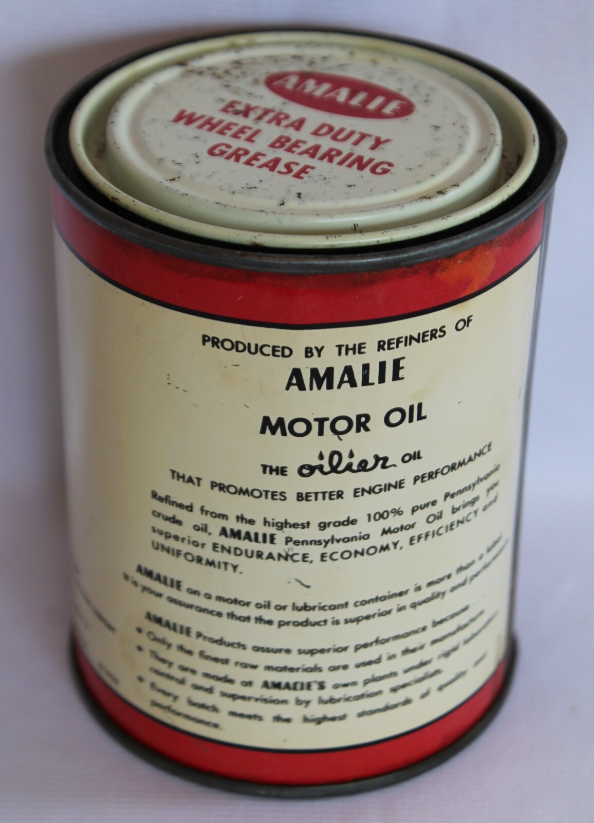 VINTAGE AMALIE MOTOR OIL CO. EXTRA DUTY WHEEL BEARING GREASE CAN | eBay