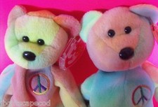 2 LOT - TY BEANIE BEARS "PEACE"  *RARE* - DIFFERENT FACES & SIZE - PVC/PE- LQQK!
