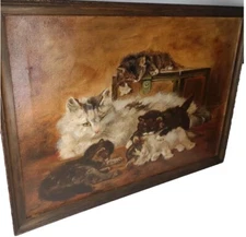 Oil Painting Of Mama Cat With Her Kittens, playing next To A Steamer Trunk