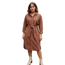 Uniqlo rust Long Sleeve cordoroy quarter button Dress Notched Collar belted XS