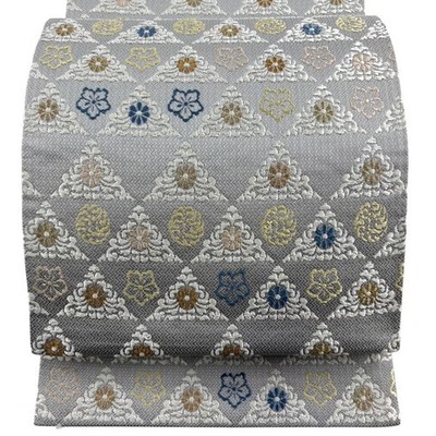 Japanese Silk Fukuro obi Gray Scale Flower Tou Ori Masterpiece Gold thread 74365
