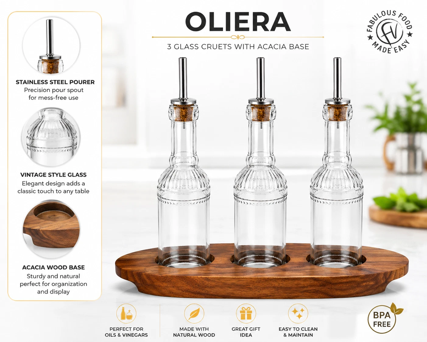 Oliera 3 Glass Cruet Set Acacia Wood Base Oil Vinegar Dispenser BPA Free New