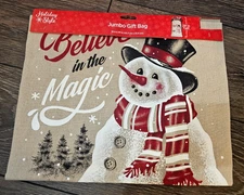 Holiday Style Snowman Believe in Magic Gift Burlap Drawstring Bag New 18" by 29"