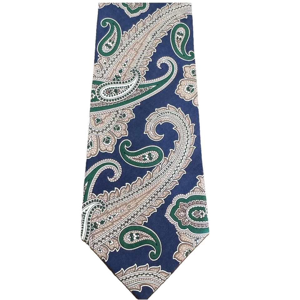 VTG Burberrys of London Tie Navy Intricate Paisley Pure Silk Necktie Blue Green - Image 3 of 4
