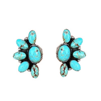 Western Earrings Boho Turquoise Oval Drop Dangle 2 inches, Flower E