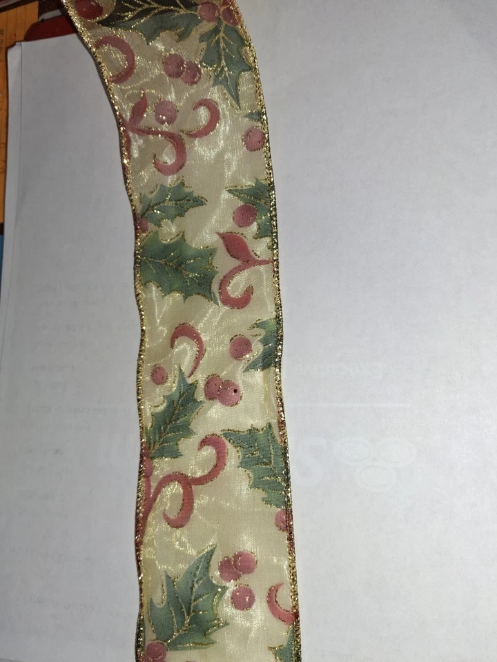2.5" Wide x 50+ FT golden holly Wired Holiday Ribbon Red, Green, Golden - Image 4 of 4