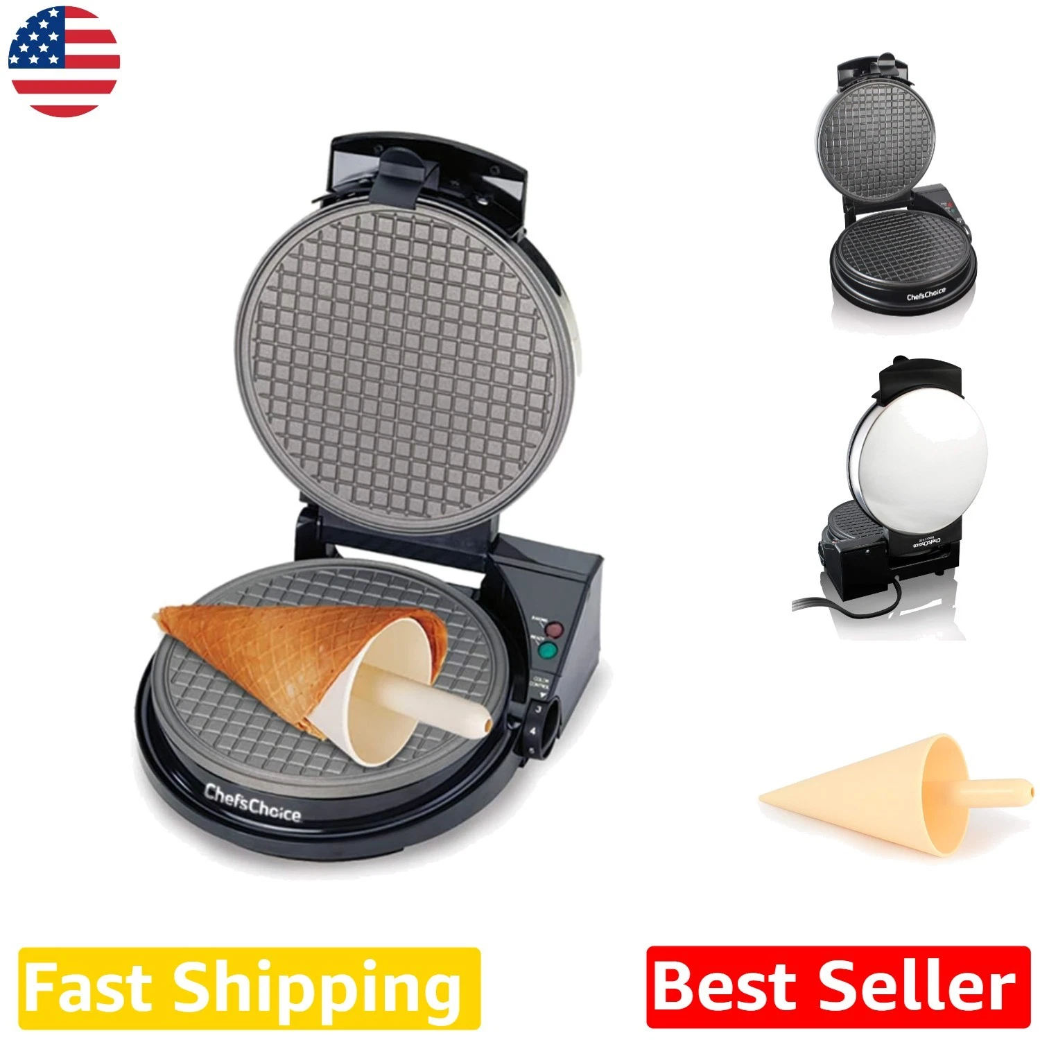 Waffle Cone Express Maker 1000W Nonstick Plates Includes Rolling Form Recipes