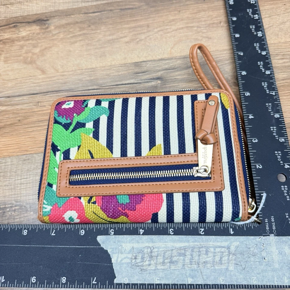 Cartera Muñequera Spartina 449 Cuero Marrón Colorido Cachemira Lino Teléfono Bolsillo Foto 3 de 4