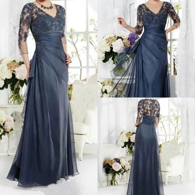 Navy Blue Mother of The Bride Groom Dresses 3/4 Sleeves Appliques Lace V Neck