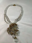 Vintage Miriam Haskell Necklace Multi String Tassle Clear Beads Roses Gold Tone