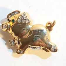 Shiny Gold Tone Green Clear Rhinestones Pig Hog Brooch Pin Farmhouse Animal